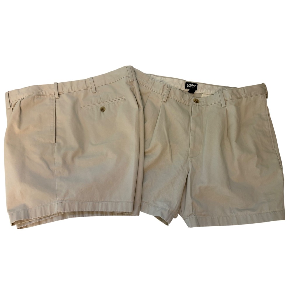 Lands End Chino Shorts 40‎ Khaki Tan, Cotton, Casual, Summer, Twill, Flat Front